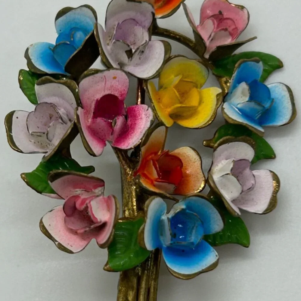 Vintage Austrian Enamel Flower Bouquet Brooch Hand Painted Multicolor Floral - Picture 3 of 16